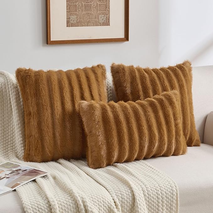 FUTEI Camel Decorative Throw Pillow Covers 18x18 Inch Set of 2,Soft Fluffy Faux Mink Fur Dyeing Striped Textured Cushion Case,Modern Home Decor for Couch Bed Living Room