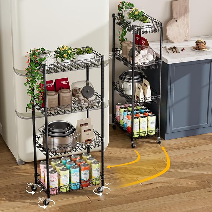 4 Tier Shelf Wire Shelving Unit Adjustable Storage Shelves Big Basket Rack Standing Units for Kitchen Closet Laundry Bathroom Organizers Metal Pantry Mesh 10" D x 16" W x 55" H Black