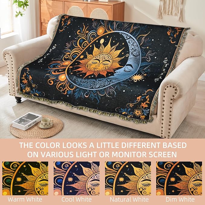 Boho Throw Blanket Reversible Cotton Bohemian Tapestry Hippie Room Decor Outdoor Blanket Double Sided (Black Sun Moon 50"x60")