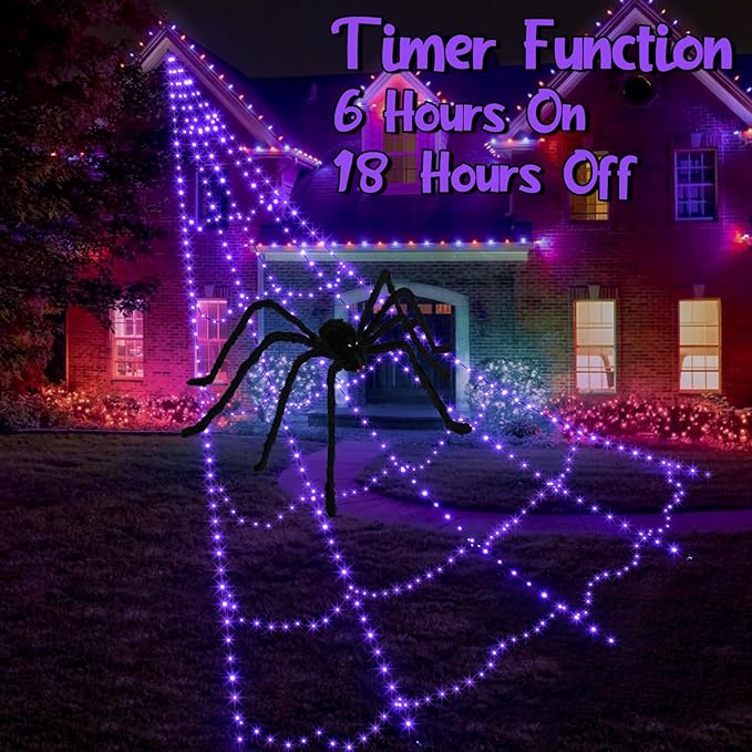 Halloween Spider Web Lights Decoration 455 LED Spider Webs Halloween Decorations Outdoor with 59" Large Spider & 3.53 oz Stretch Cobweb 16.4 Ft Light Up Giant Spider Web with 8 Modes & Timer (Purple)