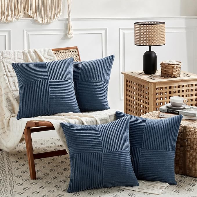 Fancy Homi 4 Packs Dusty Blue Decorative Throw Pillow Covers 20x20 Inch for Living Room Couch Bed Sofa, Rustic Farmhouse Boho Home Decor, Soft Cross Corduroy Patchwork Accent Cushion Case 50x50 cm