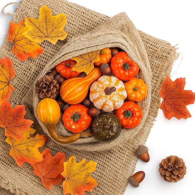 DomeStar Pumpkins for Decorating- 8 Assorted Mini Fake Pumpkins, 30pcs Autumn Leaves, 10pcs Acorns, 2pcs Pine Cones for Thanksgiving Harvest Decor, Halloween, Fall Baby Shower & Table Centerpieces