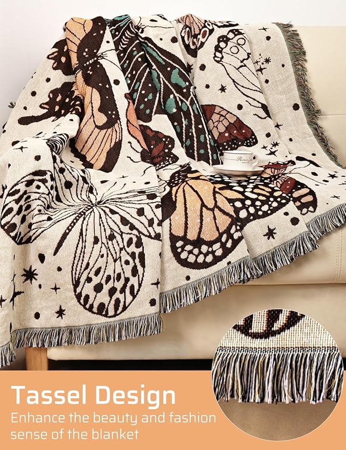 Boho Throw Blanket for Bed Couch Sofa Reversible Cotton Bohemian Travel Boho Quilt Mexican Muslin Blanket Tapestry Hippie Room Decor Outdoor Blanket Double Sided (Month Moth Print 70"x90")