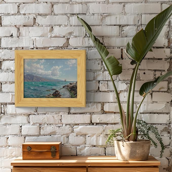 Brivoria Framed Canvas Wall Art Vintage Decor, Realistic Coastal Scene with Rocky Shore Clear Water and Sailboats Under Bright Blue Sky for Kitchen Shelf Bathroom or Tabletop Display, 8"x10"