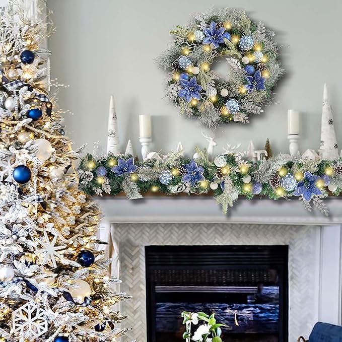 WANNA-CUL Pre-Lit 6 ft Silver Blue Christmas Garland Decor with Lights for Front Door Lighted Christmas Mantel Garland Decoration