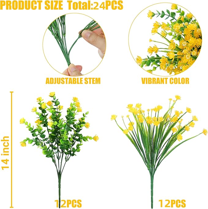 Sggvecsy Artificial Flowers for Outdoors 24 Bundles UV Resistant Boxwood Shrubs Artificial Eucalyptus Fake Plants Faux Plastic Greenery for Farmhouse Garden Home Indoor Outdoor Decoration（Yellow）