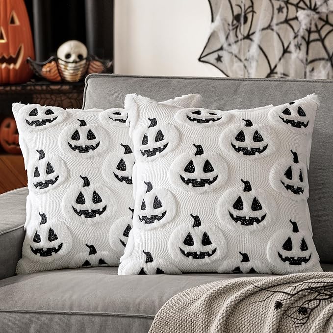 MIULEE Fall Halloween Throw Pillow Covers 18x18 Decorative Pumpkin Pattern Pillowcases Soft Plush Faux Wool Cushions for Home Patio Sofa Couch,White