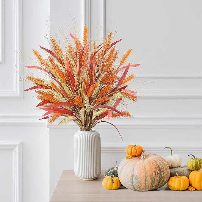 Sggvecsy Artificial Fall Flowers 6 Pcs 17.5 inch Floral Arrangement Fake Floral Stems Autumn Leaves Branches Fall Plastic Bouquets with Grain for Thanksgiving Home Table Centerpieces Wedding Decor