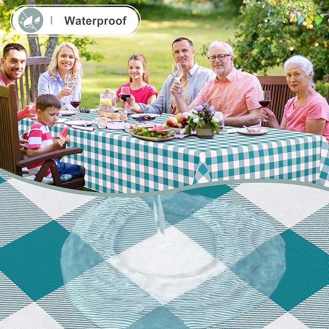 misaya Rectangle Waterproof Vinyl Table Cloth, Buffalo Flannel Backed Tablecloth, Wipeable Plastic Table Cover for Dinner, Kitchen, Outdoor (60" x 120", Turquoise and White)