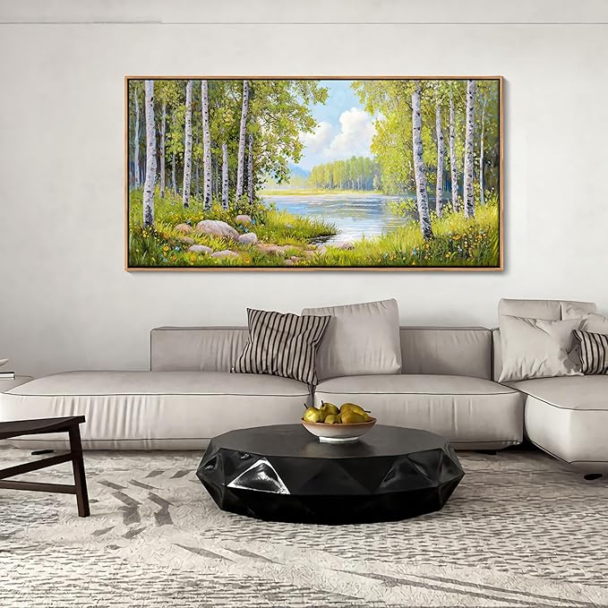 Forest & Mountain Wall Art Green Framed Nature Landscape Pictures for Living Room, Bedroom & Office Large Paintings Wall Decor Tree, Lake, and Mountain Artwork for Wall Decor 24x48IN