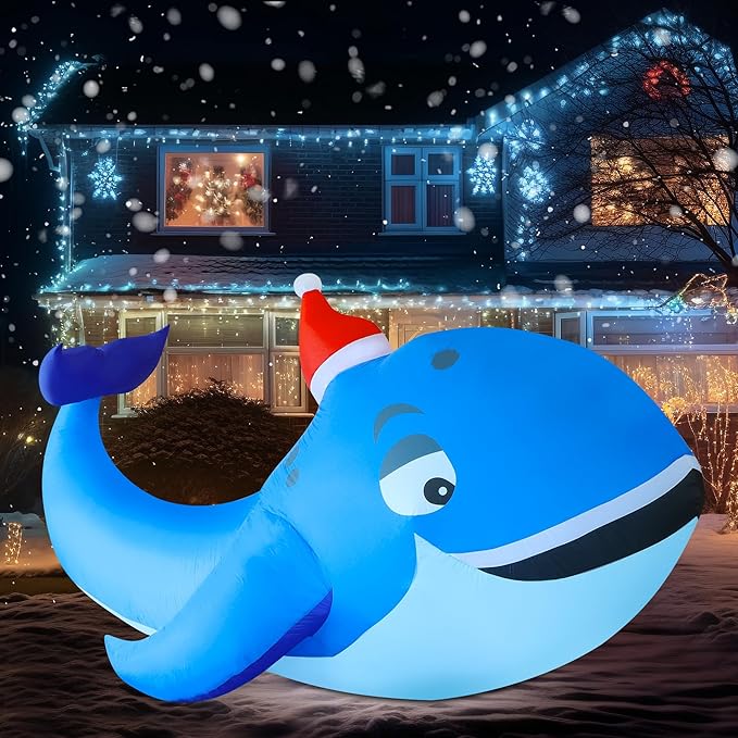 DR.DUDU 10 FT Christmas Inflatable Outdoor Decorations, Blow Up Whale Inflatables with Santa Hat LED Lights for Yard Lawn Garden Outside Large Xmas Holiday Decoration
