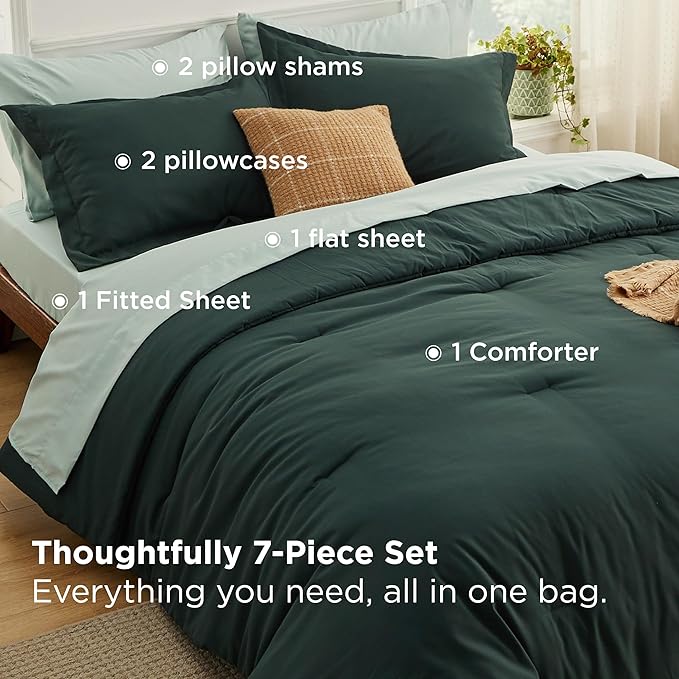 Bedsure Full Size Comforter Set - 7 Pieces Forest Green Full Bedding Set for All Seasons, Boho Contrasting Design Bed in a Bag with Comforter, Sheets, Pillowcases & Shams