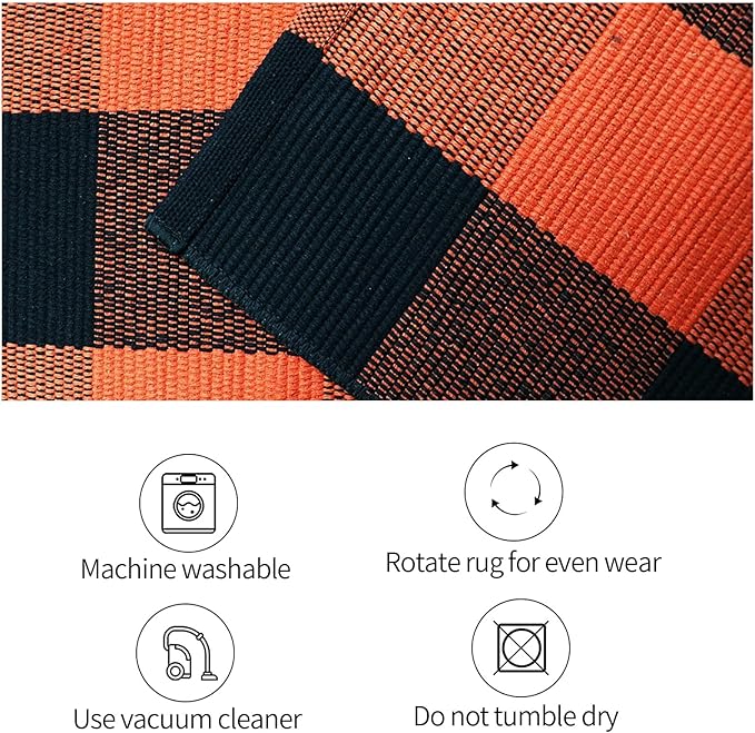 SEEKSEE Cotton Buffalo Plaid Rug 3'x5' Orange and Black Checked Rug Washable Doormats Indoor Outdoor Rugs for Layered Front Door Mats, Porch, Kitchen, Farmhouse, Entryway