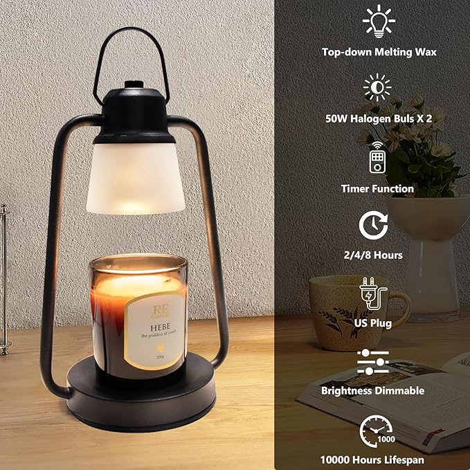 Candle Warmer Lamp with Timer Dimmer - Electric Wax Melt Warmer Lamp for Jar Candles, Vintage Candle Lamp Warmer with 2 Bulbs, House Warming Gifts New Home Decor, Birthday Gifts for Women Mom Black
