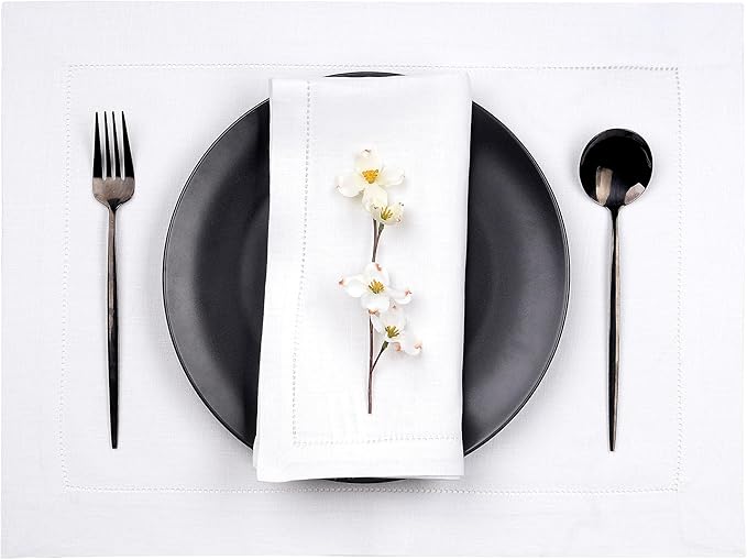 D'Moksha Homes White Linen Placemats Set of 6 - Classic Hemstitch Placemats 14 x 19 Inch - 100% Pure Linen Table Mats for Fall, Autumn and Halloween - Handcrafted and Machine Washable