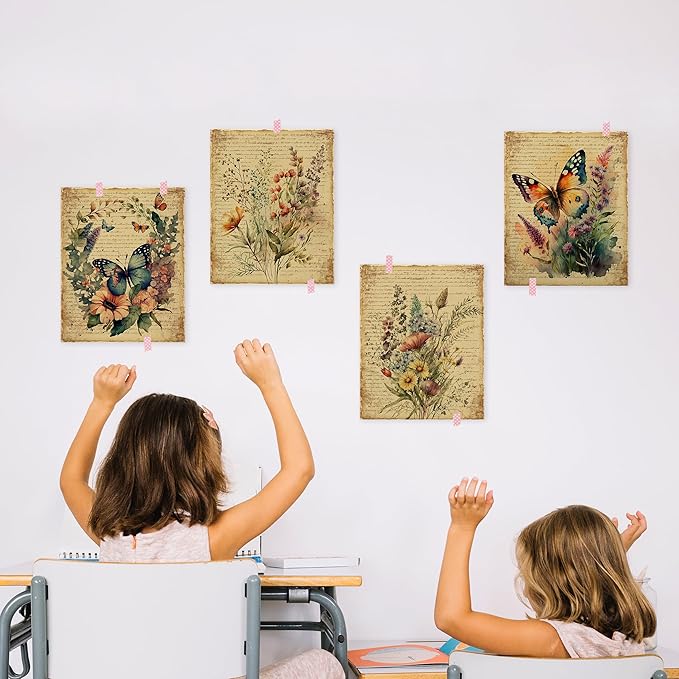HRQKO Vintage Floral Butterfly Wall Art Poster Prints Set of 4, Floral Wall Art, Retro Butterfly Artwork Printing Posters Wall Decor, Watercolor Flower Prints for Bedroom Living Room 8”x10” Unframed