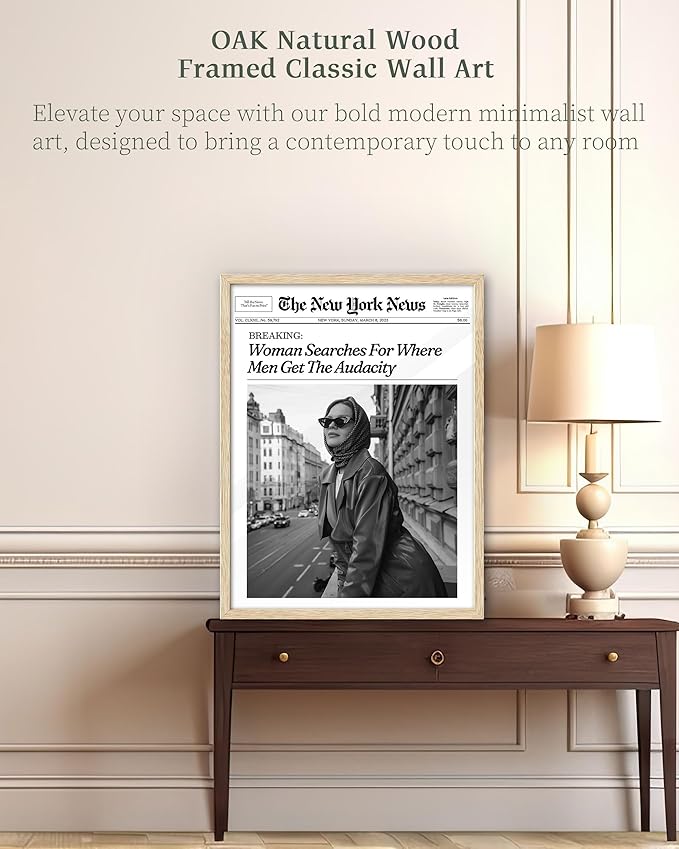 iHery Natural OAK Wood Newspaper Trendy Framed Wall Art, Large 16x20 in Vintage Headline Canvas Wall Art Decor, Woman Searches for Where Men Get The Audacity Poster, Beige Frame Retro Set of 1