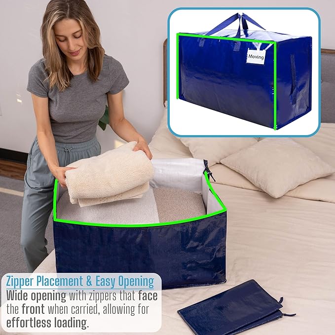 VENO 6 Pack Moving and Storage Bags, Heavy Duty, Alternative to Moving Boxes, Large Packing Totes Supplies for College Dorm Room with Zipper for Clothes, Wide Open Design (Blue, 6 Pack)