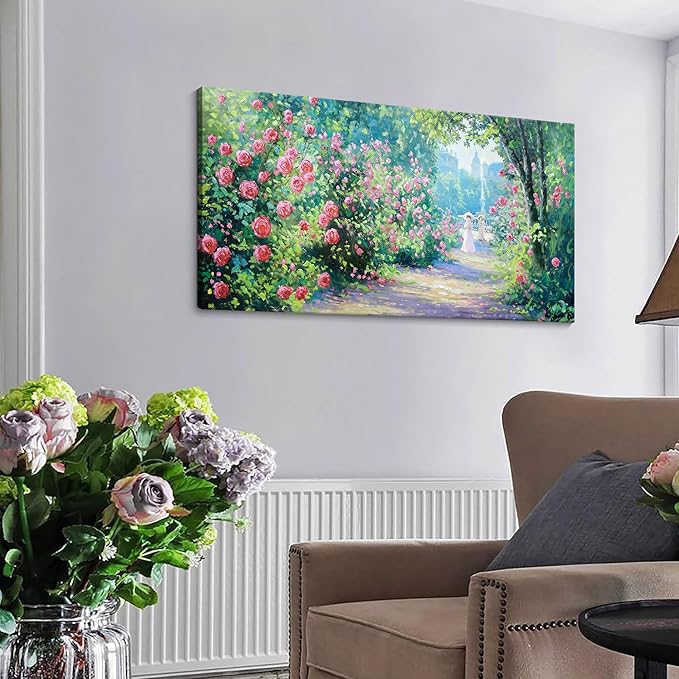 CHATYOUNG Canvas Wall Art Living Room, Blooming Red Roses Manor Landscape Wall Painting Monet Style Wall Art Green Picture Ready to Hang Bedroom Bathroom Kitchen Home Decor Gifts for Women 20x40 In