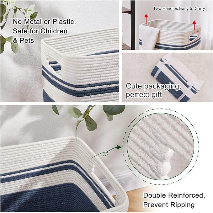 OIAHOMY Laundry Hamper-Laundry Basket,Tall Cotton Storage Basket with Handles,Decorative Blanket Baskets for Living room,Collapsible Large Baskets for Toys,Pillows,Clothes-16x13x22in-Blue