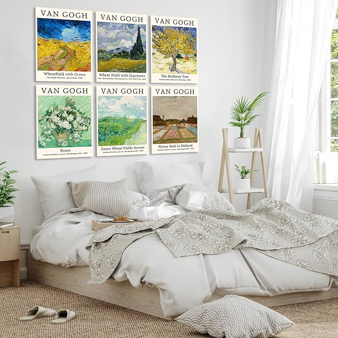 COSCTOR Set of 6 Vincent Van Gogh Wall Art Decor Canvas Vintage Retro Famous Artist Colorful Posters and Prints for Living Room Bathroom Bedroom Hallway Kitchen (Framed, 9x12)
