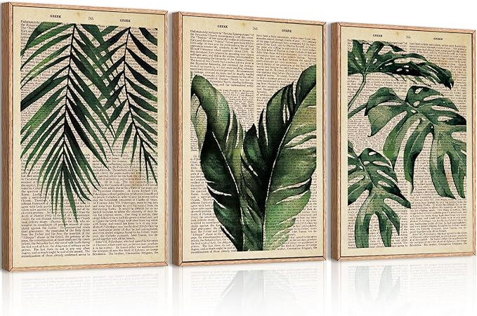 ANHUIB Large Botanical Prints Wall Art Framed Palm Leaf Wall Decor 16x24Inch Vintage Plant Art Prints Green Leaves Paintings Set of 3 for Living Room Bedroom Office
