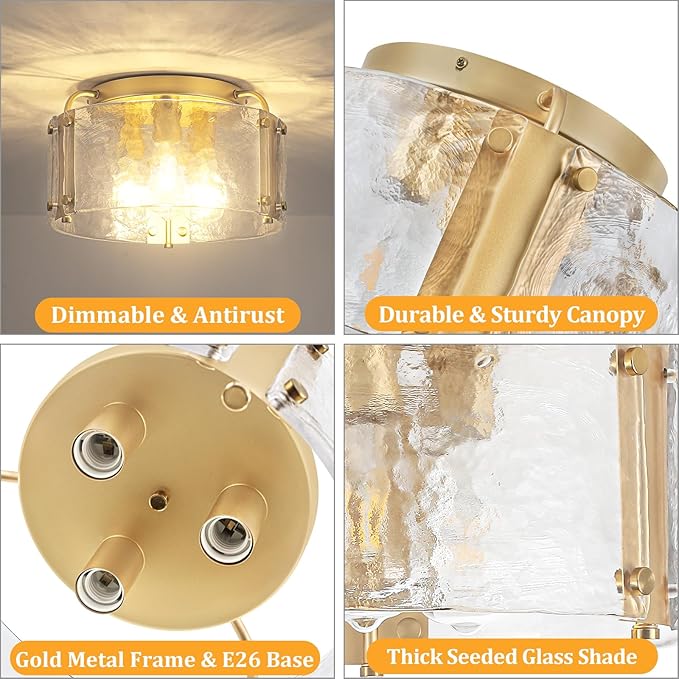 TOULMJ 15'' Semi Flush Mount Ceiling Light, Gold Morden Hallway Light Fixture 3-Light Ceiling Light Fixture with Seeded Glass Shade for Dining Room Hallway Entryway Bedroom Laundry Room