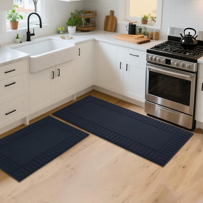 BEQHAUSE Kitchen-Rugs-Washable-Kitchen-Mats-for-Floor Non-Slip Kitchen Mats Set of 2 Absorbent Kitchen Runner Navy Blue with TPR Backing 20x30inch/20x48inch