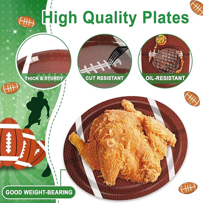 Football Oval Paper Plates Football Plates and Napkins Party Decorations Sport Rugby Theme Birthday Supplies 11inch Touch Down Dish Tray Dinnerware for Party Game Celebration, 25 Guest
