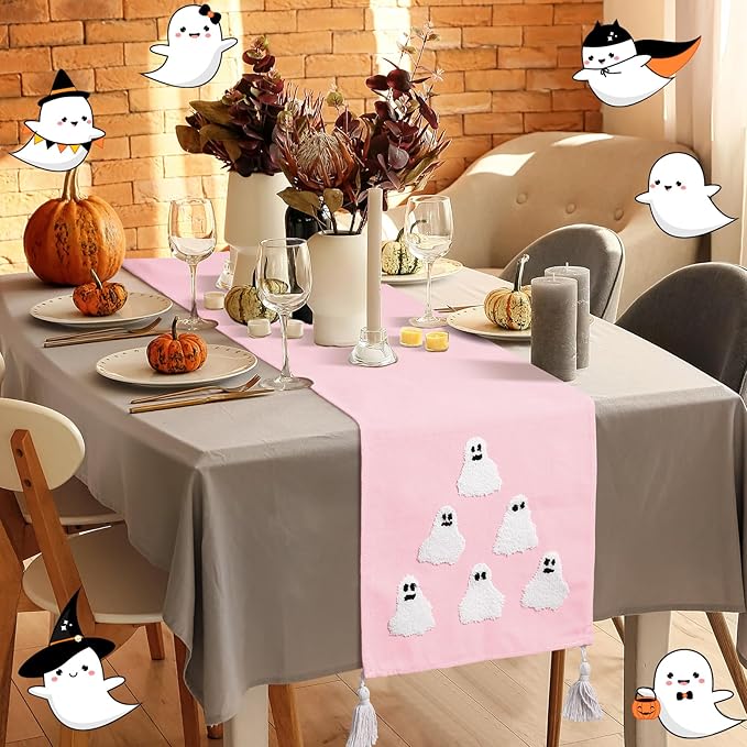 Breling Halloween Ghost Table Runner Jacquard Cute Ghost Halloween Dinner Table Runner Fall 3D Embroidered Kitchen Dining Decoration for Kitchen Farmhouse Holiday Party Decor 13x72" (Pink)