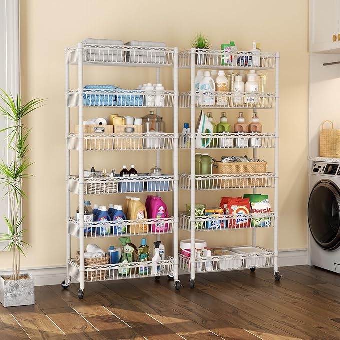 SINGAYE 6 Tier Big Basket Shelf Wire Shelving Unit Adjustable Storage Shelves Rack for Garage Kitchen Office Pantry Corner Metal with Wheels White