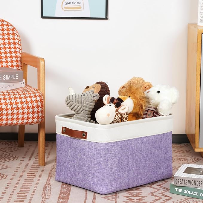 DULLEMELO Storage Baskets for Organizing, Shelves,Bedroom, Decorative Storage Bins with Leather Handles, Fabric Storage Basket for Office, Toys(3-Pack, White&Purple)