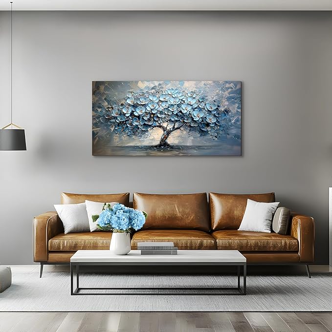 crmotu Tree of Life Large Wall Art, Blue Tree Oil Paintings Art Prints, Blooming Flowers Canvas Wall Decor, Modern Abstract Wall Pictures for Living Room Bedroom Bathroom Home Office 20"X40"