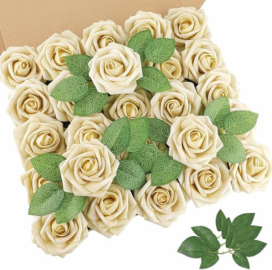 AmyHomie 25pcs Real Looking Artificial Beige Roses w/Stem for DIY Wedding Bouquets Centerpieces Arrangements Party Baby Shower Home Decorations
