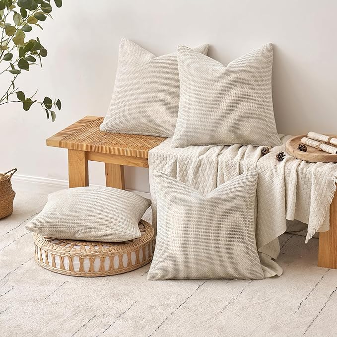 MIULEE Pack of 4 Couch Throw Pillow Covers 16x16 Inch Cream Soft Decorative Chenille Pillow Covers Farmhouse Accent Cushion Covers for Boho Home Decor Sofa Bedroom Living Room