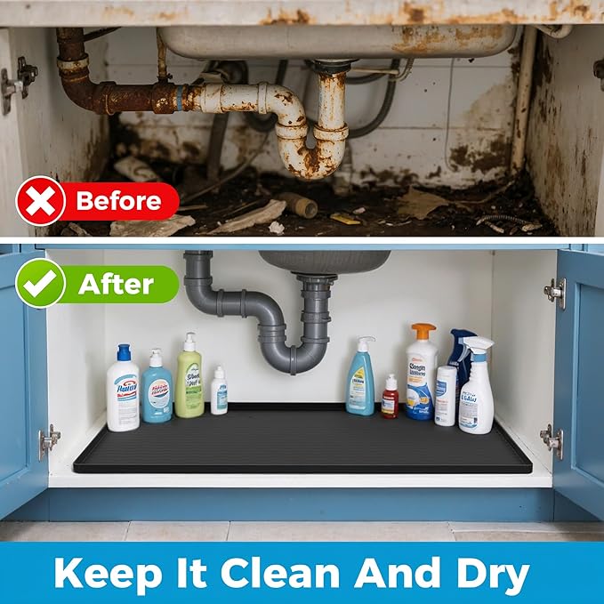 URMONA 22'' x 14'' Waterproof Silicone Under Sink Mat Cabinet and Counter Protector, Shelf Liner for Kitchen and Bathroom, Storage and Organizers, Litter Mat, Pet Cat Puppy Essentials(Black)