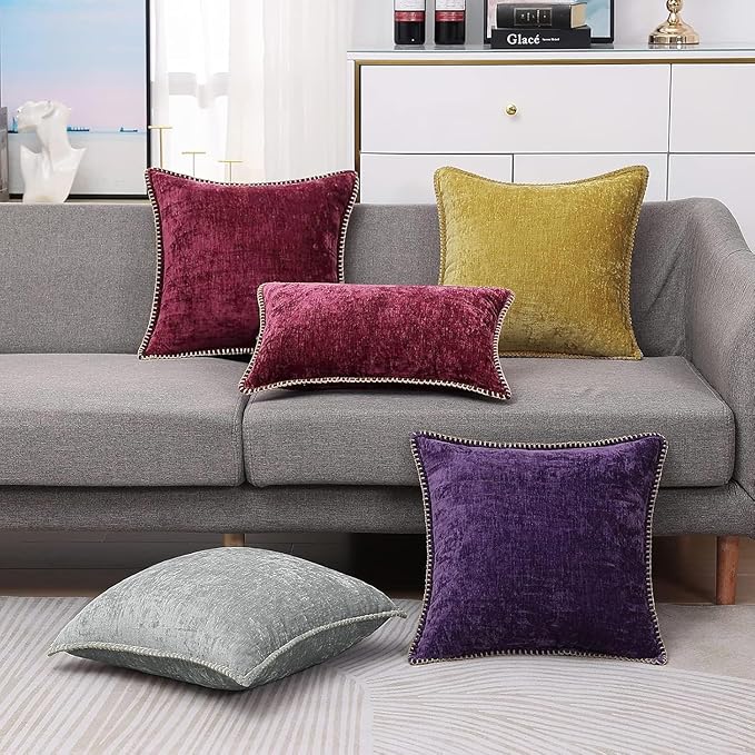 decorUhome Christmas Chenille Soft Throw Pillow Covers 12x20 Set of 2, Lumbar Velvet Farmhouse Neutral Decorative Euro Pillow Covers with Stitched Edge for Couch Sofa Bed Home Decor, Rhododendron