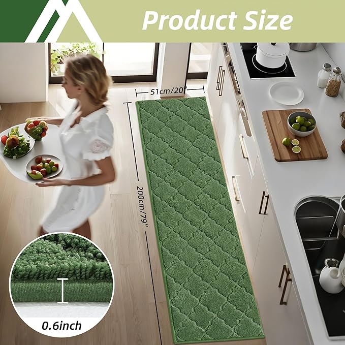 COSY HOMEER Soft Kitchen Floor Mats for in Front of Sink Super Absorbent Kitchen Rugs and Mats 20"x79" Non-Skid Kitchen Mat Standing Mat Washable,Polyester,Green