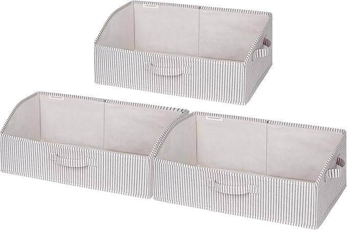 StorageWorks Closet Storage Bins, Trapezoid Organizer Box for Shelves, Fabric Clothes Bin, Foldable Organizing Baskets with Handles, Large, Khaki and Beige Stripes, 3-Pack