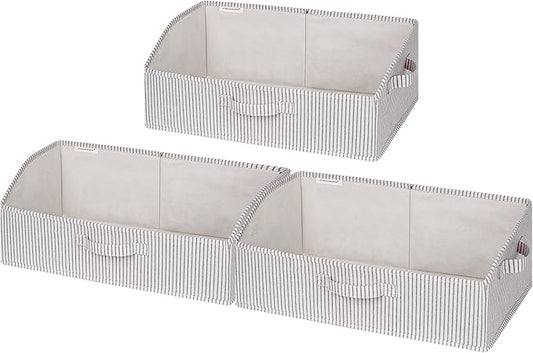 StorageWorks Closet Storage Bins, Trapezoid Organizer Box for Shelves, Fabric Clothes Bin, Foldable Organizing Baskets with Handles, Large, Khaki and Beige Stripes, 3-Pack