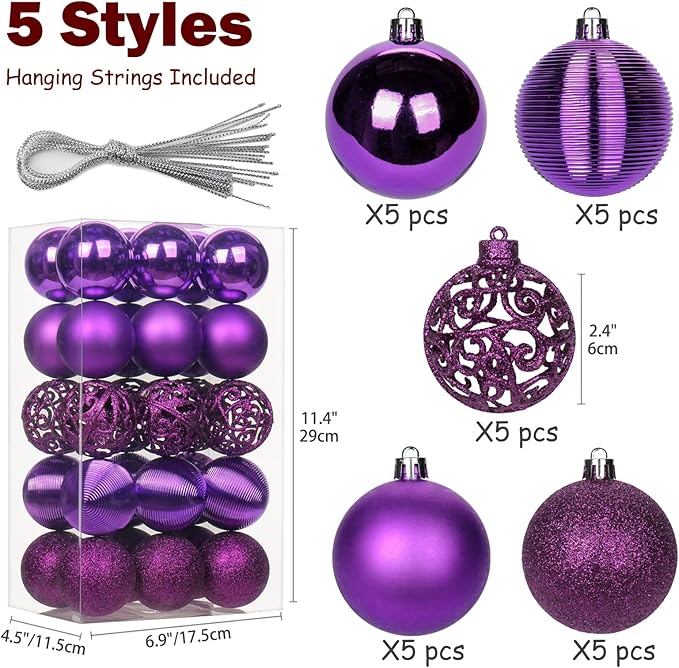 30PCS 2.36" Christmas Ball Ornaments Shatterproof Purple Christmas Tree Decorations Xmas Tree Balls Halloween Ornaments Décor