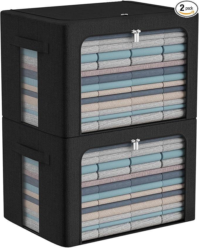 Extra Large Clothes Storage Bins Box - Linen Fabric Foldable Stackable Container Organizer Set with Clear Window & Carry Handles & Metal Frame (Black, Extra Large-100L)