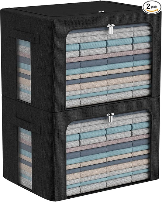 Extra Large Clothes Storage Bins Box - Linen Fabric Foldable Stackable Container Organizer Set with Clear Window & Carry Handles & Metal Frame (Black, Extra Large-100L)