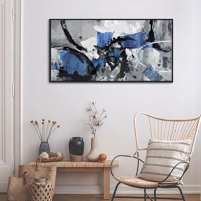 Blue Abstract Canvas Wall Art: Large Wall Art Paintings for Living Room, Modern, Framed Artwork in Blue and Black -Bedroom, and Office Decorations for Work - Gray Pictures for bedroom Wall Decor
