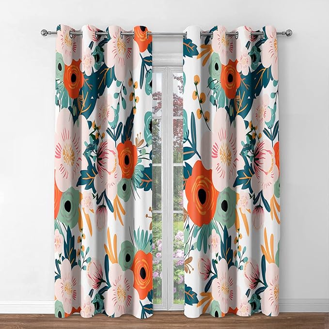 Jekeno Floral Blackout Curtains Colorful Flowers Green Leaves Decor Home Bedroom Living Room Darkening Grommet Window Drapes 2 Panel Set, 42"x54"