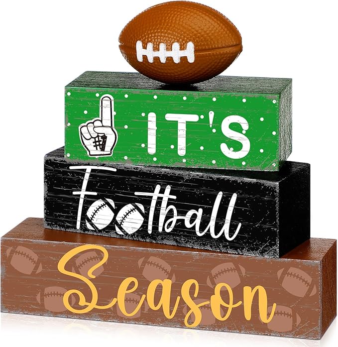 Geelin 4 Pcs Football Table Decorations Fall Football Tiered Tray Decor Wooden Sign Centerpiece Decorative Faux Book Stack Block for Coffee Table Fireplace Mantel Floating Shelf