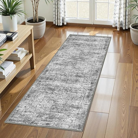 Washable Area Rug 2'6'' x 8' Vintage Traditional Persian Mat - Foldable Distressed Non-Slip Machine Washable Carpet for Living Room Bedroom Kitchen Home Decor - Graphite and Mist
