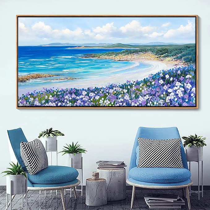 Mofutinpo Coastal Beach Wall Art,Large Purple Flower Landscape Canvas Wall Art for Living Room & Bedroom Decor, Framed Blue Beach Pictures & Paintings for Walls,Ocean Artwork for Home & Office 29x58IN