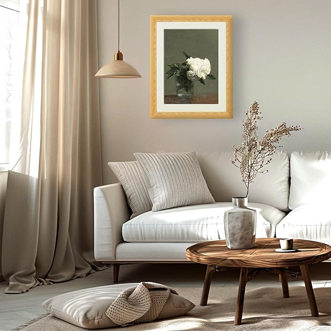 Brivoria Framed Canvas Wall Art Vintage Decor, White Roses in Glass Vase Realist Still Life Floral Print with Dark Olive Background for Living Room Dining Room Office Gallery Wall Decor, 16"x20"