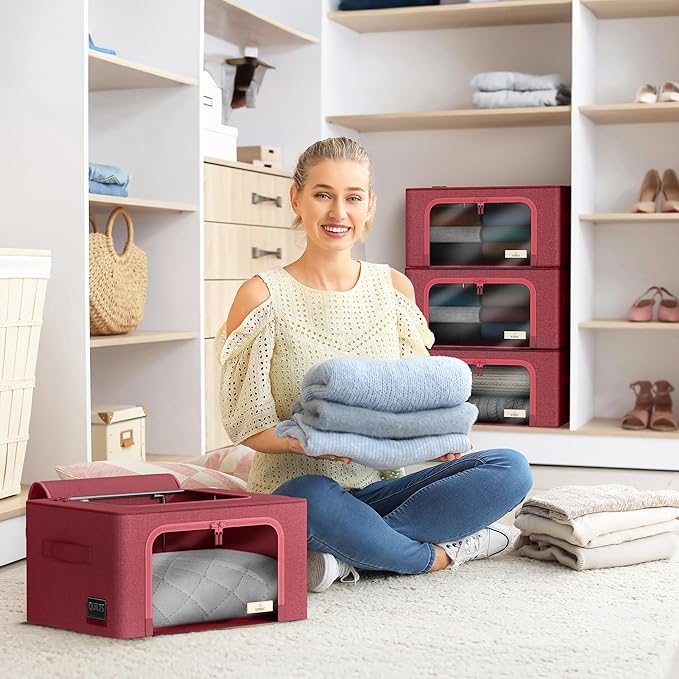 Sorbus Storage Bins with Metal Frame - Stackable & Foldable Clothes Organizer Bags - Oxford Fabric Storage Containers with Large Clear Window & Carry Handles, Bedroom Organization for Bedding & Linen